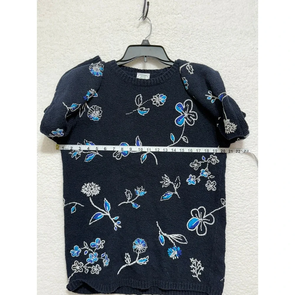 Laura Ashley Womens Floral Knit Sweater Navy Blue Cotton Blend Small‎